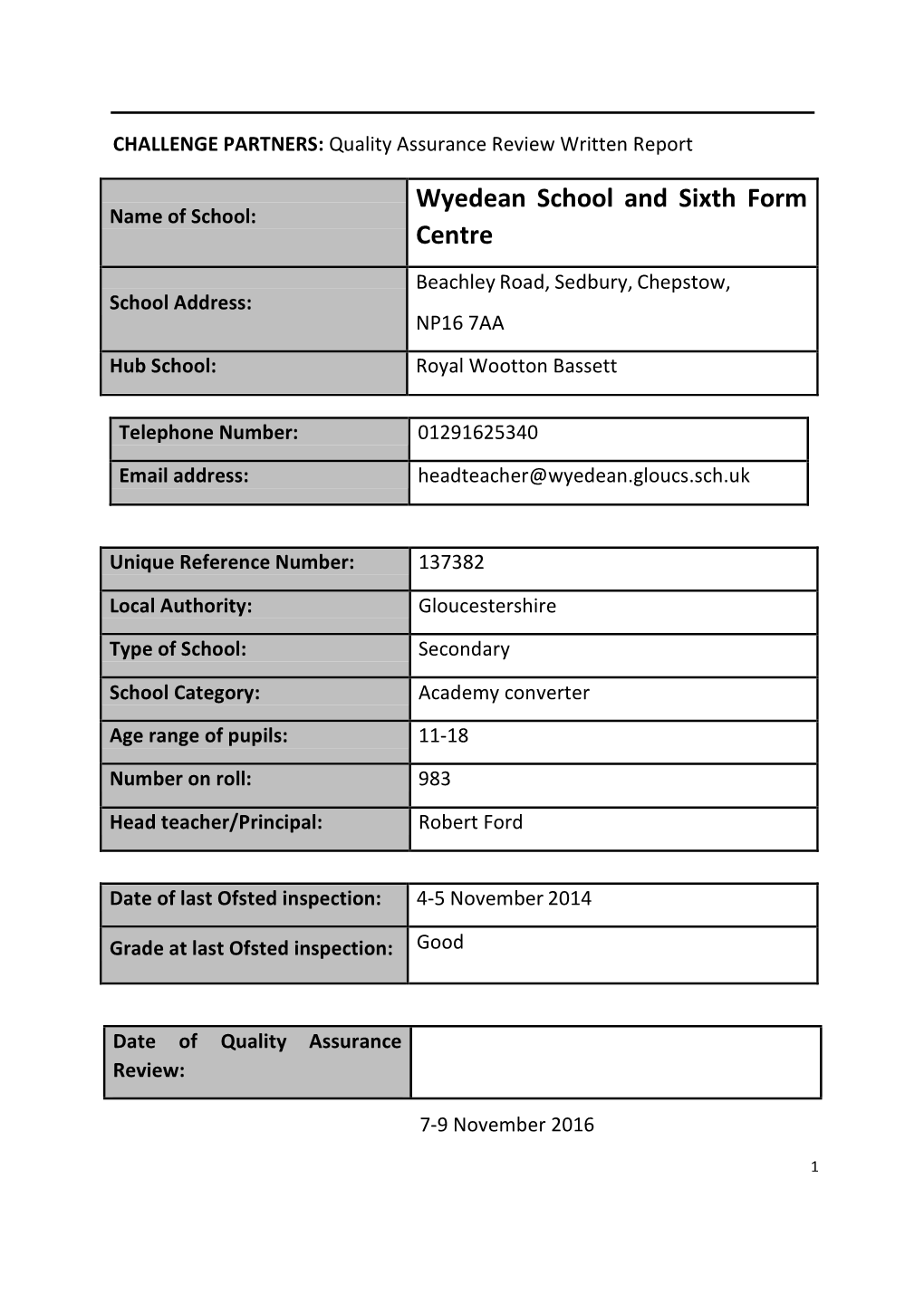 Wyedean School and Sixth Form Centre Appears to Be Within the Good Grade As Judged by Ofsted in the School’S Previous Ofsted Report