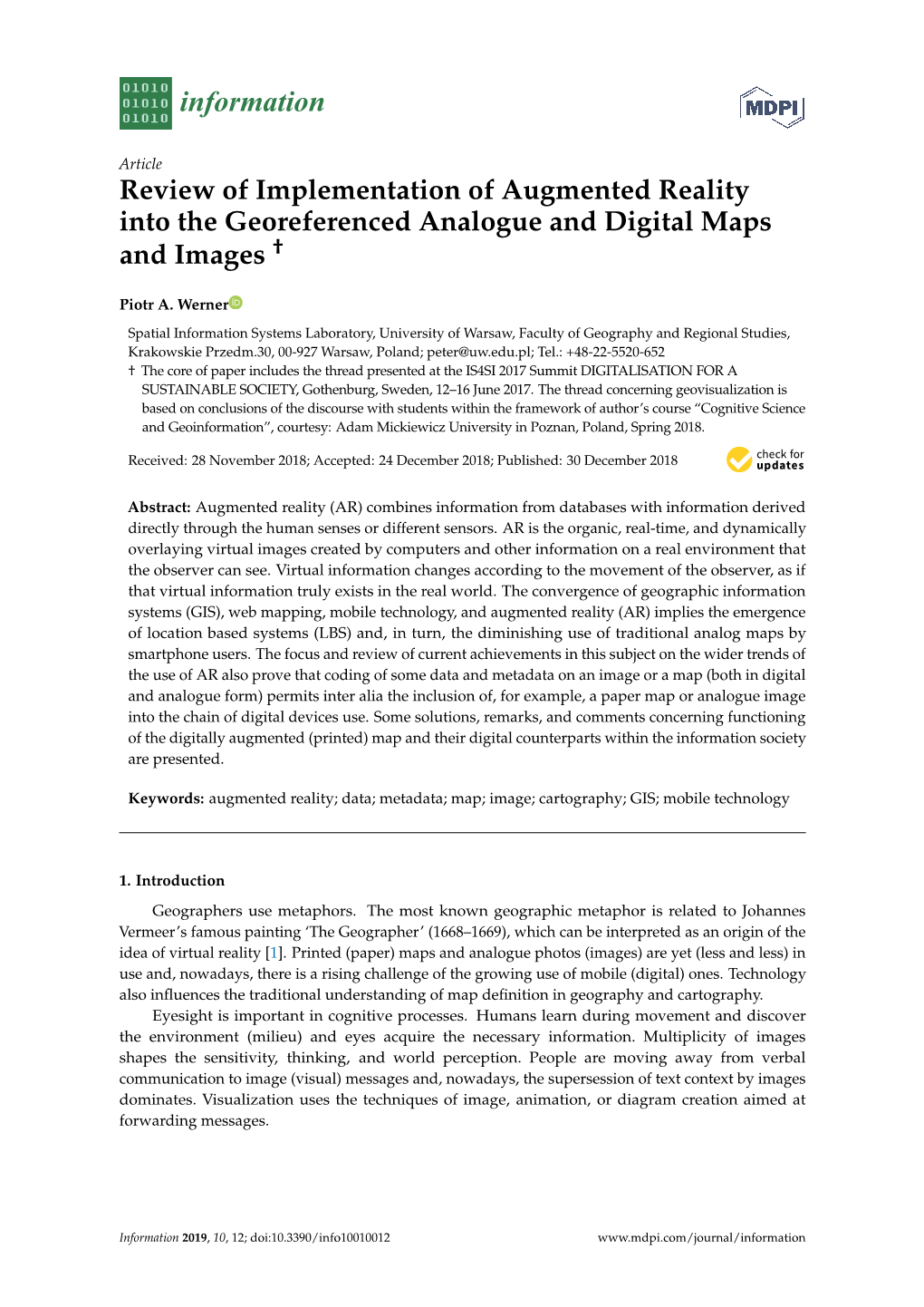 Review of Implementation of Augmented Reality Into the Georeferenced Analogue and Digital Maps and Images †