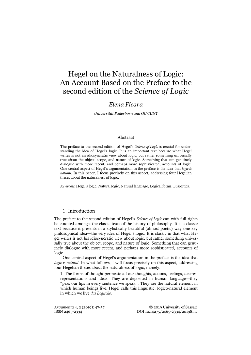 Hegel on the Naturalness of Logic: an Account Based on the Preface to the Second Edition of the Science of Logic