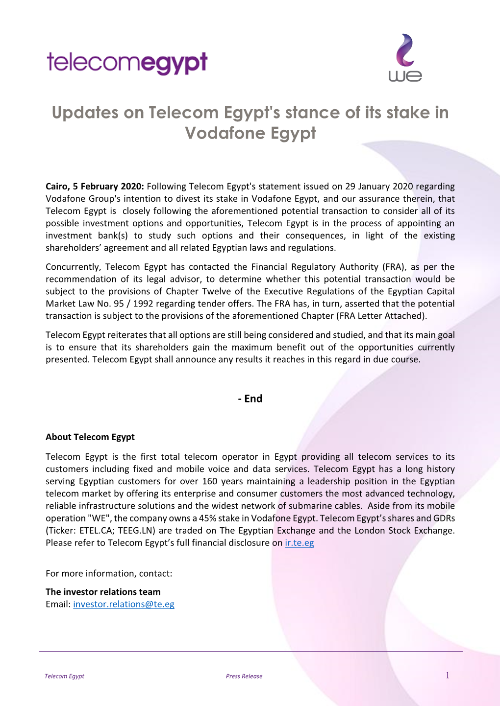 Updates on Telecom Egypt's Stance of Its Stake in Vodafone Egypt