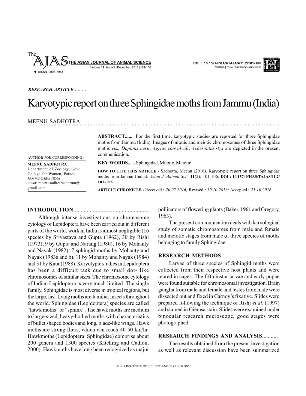 Karyotypic Report on Three Sphingidae Moths from Jammu (India)