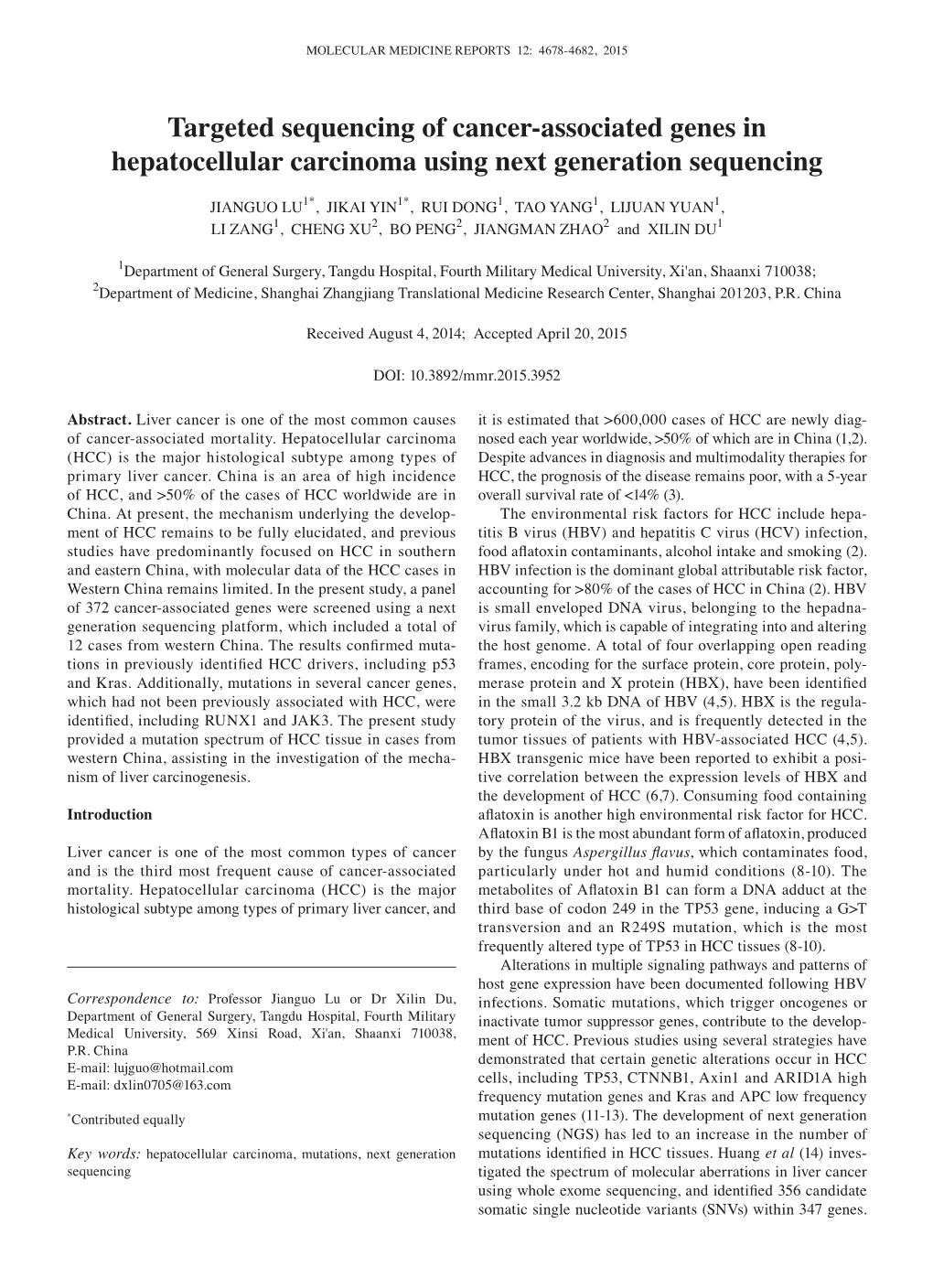 Targeted Sequencing of Cancer-Associated Genes in Hepatocellular Carcinoma Using Next Generation Sequencing