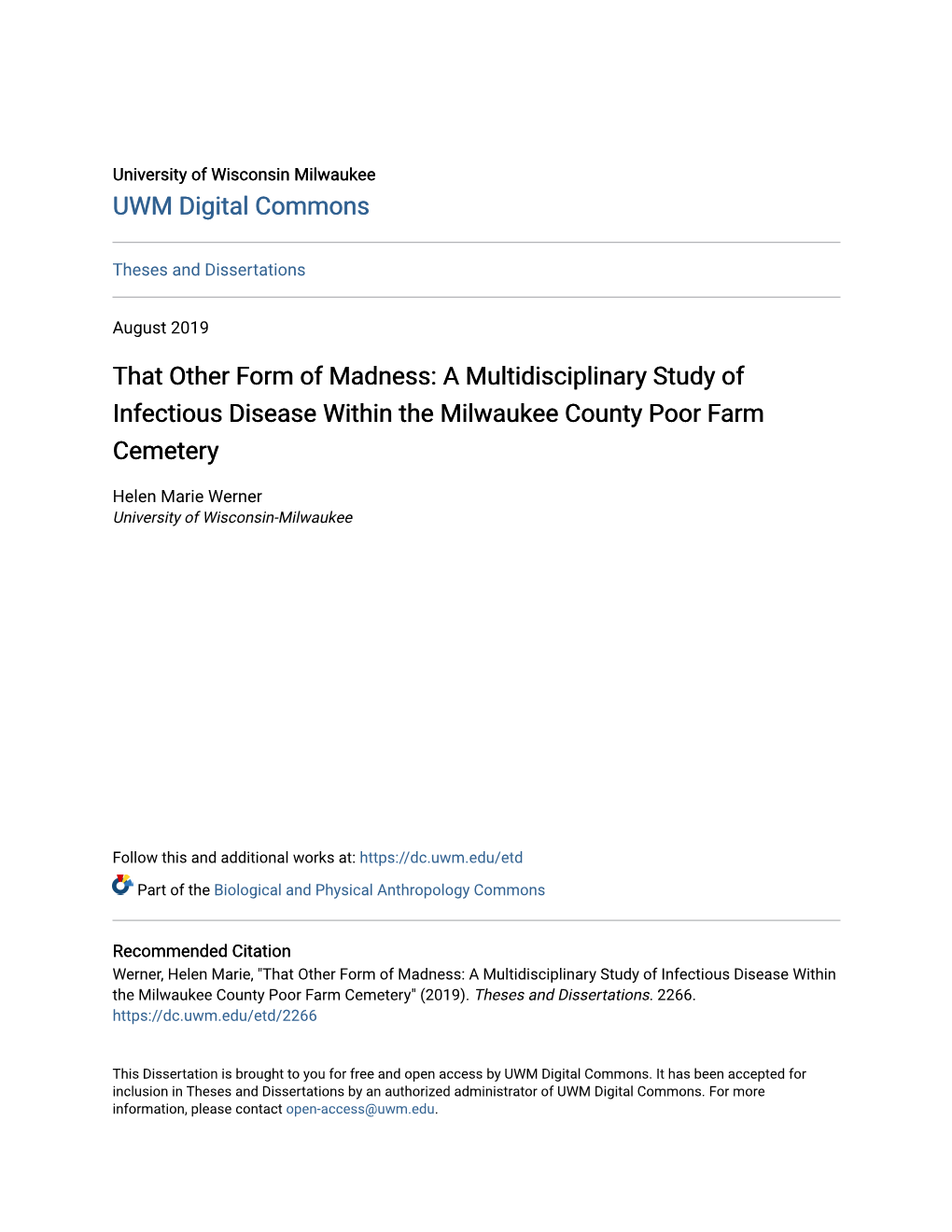 That Other Form of Madness: a Multidisciplinary Study of Infectious Disease Within the Milwaukee County Poor Farm Cemetery