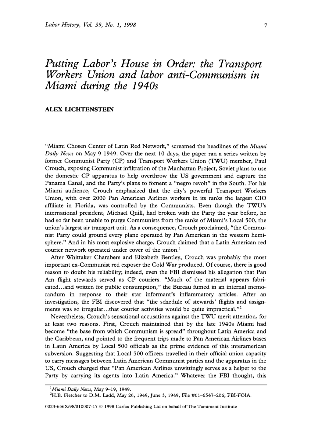 The Transport Workers Union and Labor Anti-Communism in Miami During the 1940S