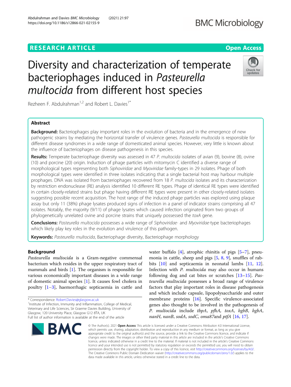 Diversity and Characterization of Temperate Bacteriophages Induced in Pasteurella Multocida from Different Host Species Rezheen F