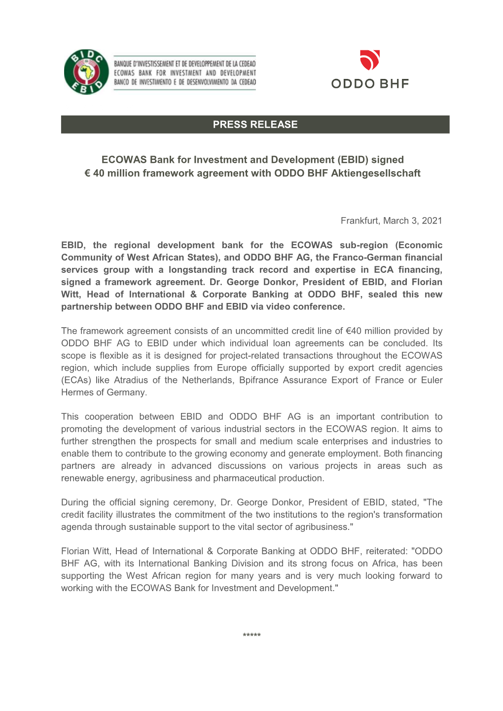 ECOWAS Bank for Investment and Development (EBID) Signed € 40 Million Framework Agreement with ODDO BHF Aktiengesellschaft