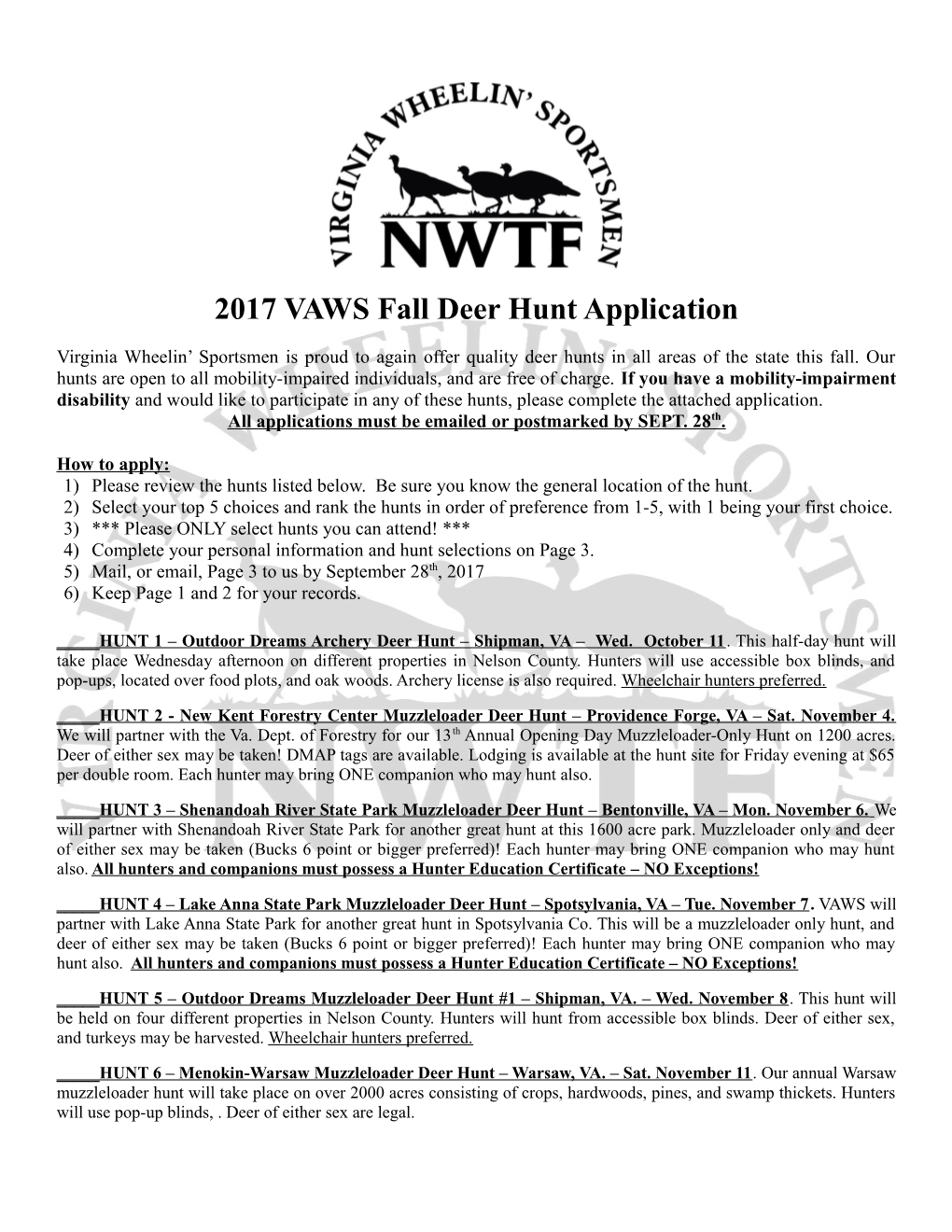 2017 VAWS Fall Deer Hunt Application