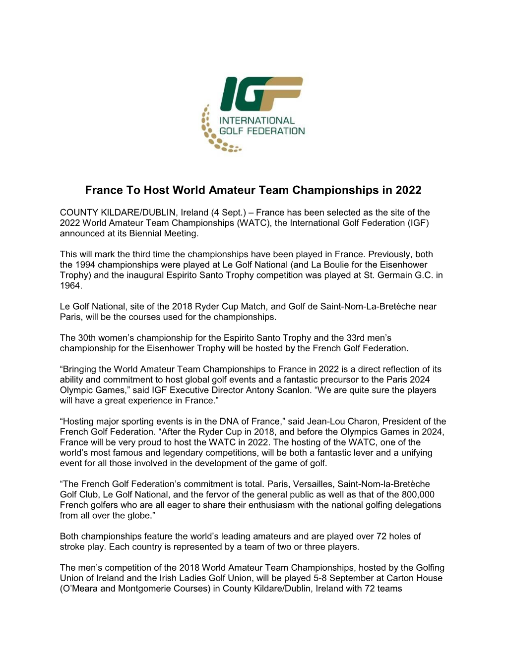 International Golf Federation (IGF) Announced at Its Biennial Meeting