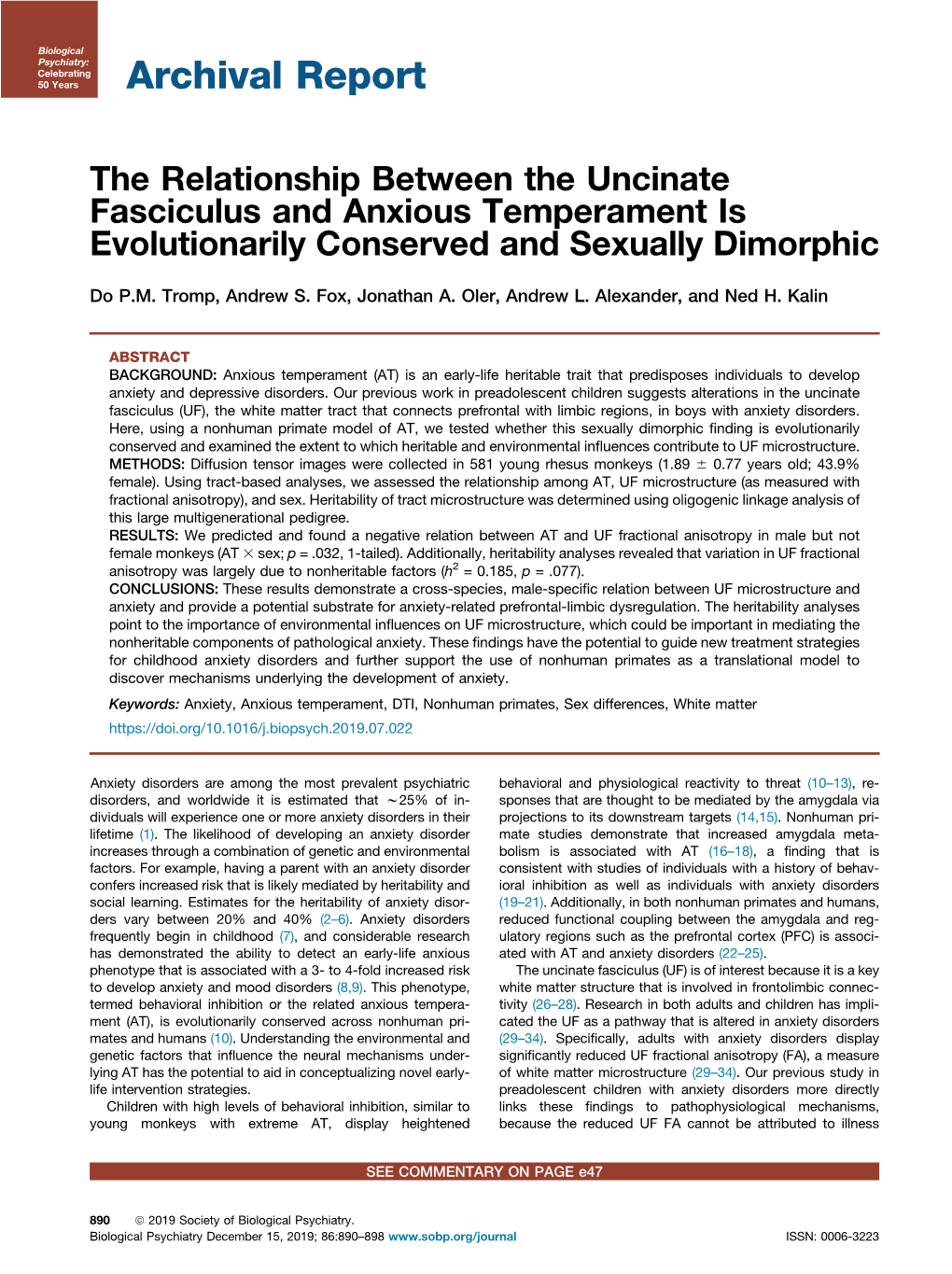 The Relationship Between the Uncinate Fasciculus and Anxious Temperament Is Evolutionarily Conserved and Sexually Dimorphic