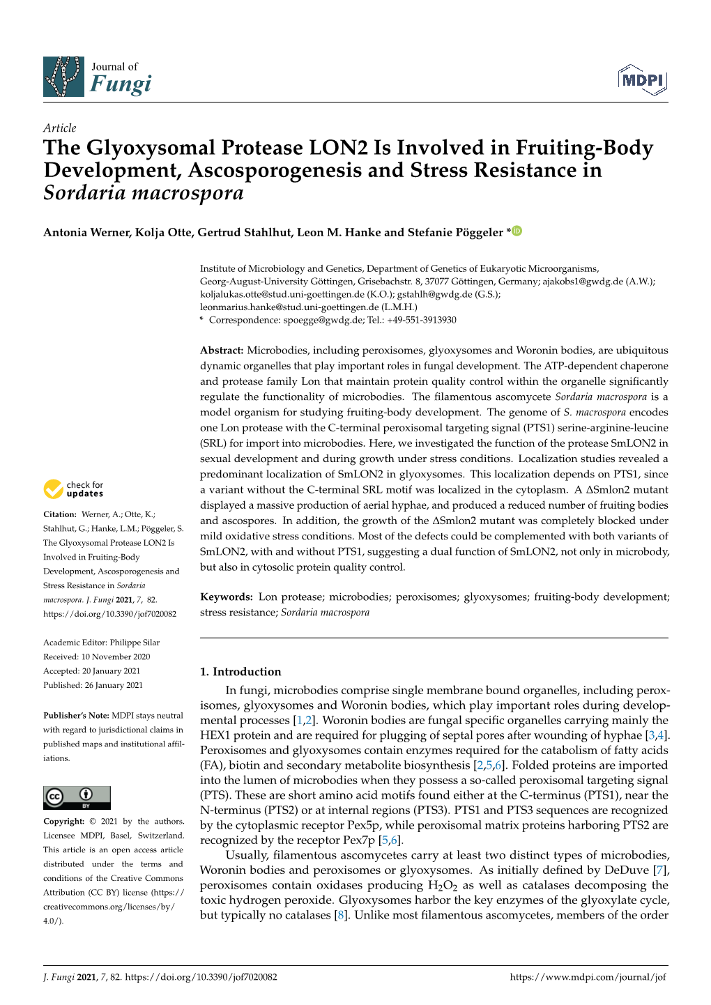 The Glyoxysomal Protease LON2 Is Involved in Fruiting-Body Development, Ascosporogenesis and Stress Resistance in Sordaria Macrospora