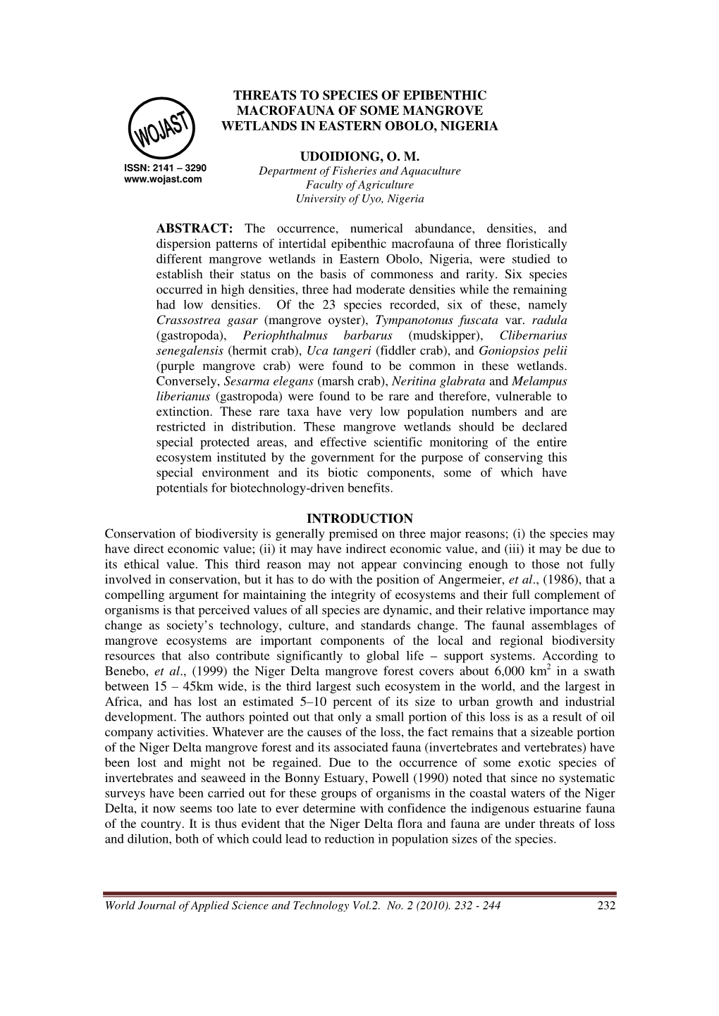 Threats to Species of Epibenthic Macrofauna of Some Mangroove Wetlands in Eastern Obolo, Nigeria