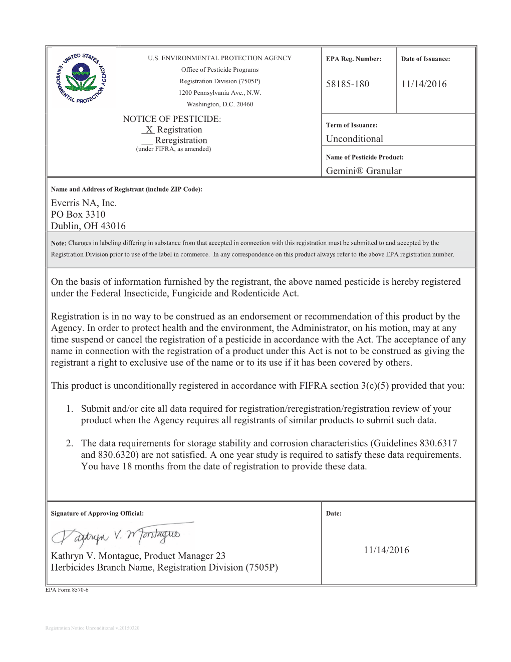 US EPA, Pesticide Product Label, GEMINI GRANULAR,11/14/2016