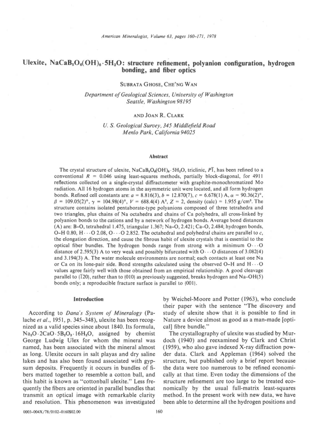 Ulexite, Nacabsou(OH)R.Shro:Structure Refinement, Polyanion Configuration, Hydrogen Bonding,And Fiberoptics