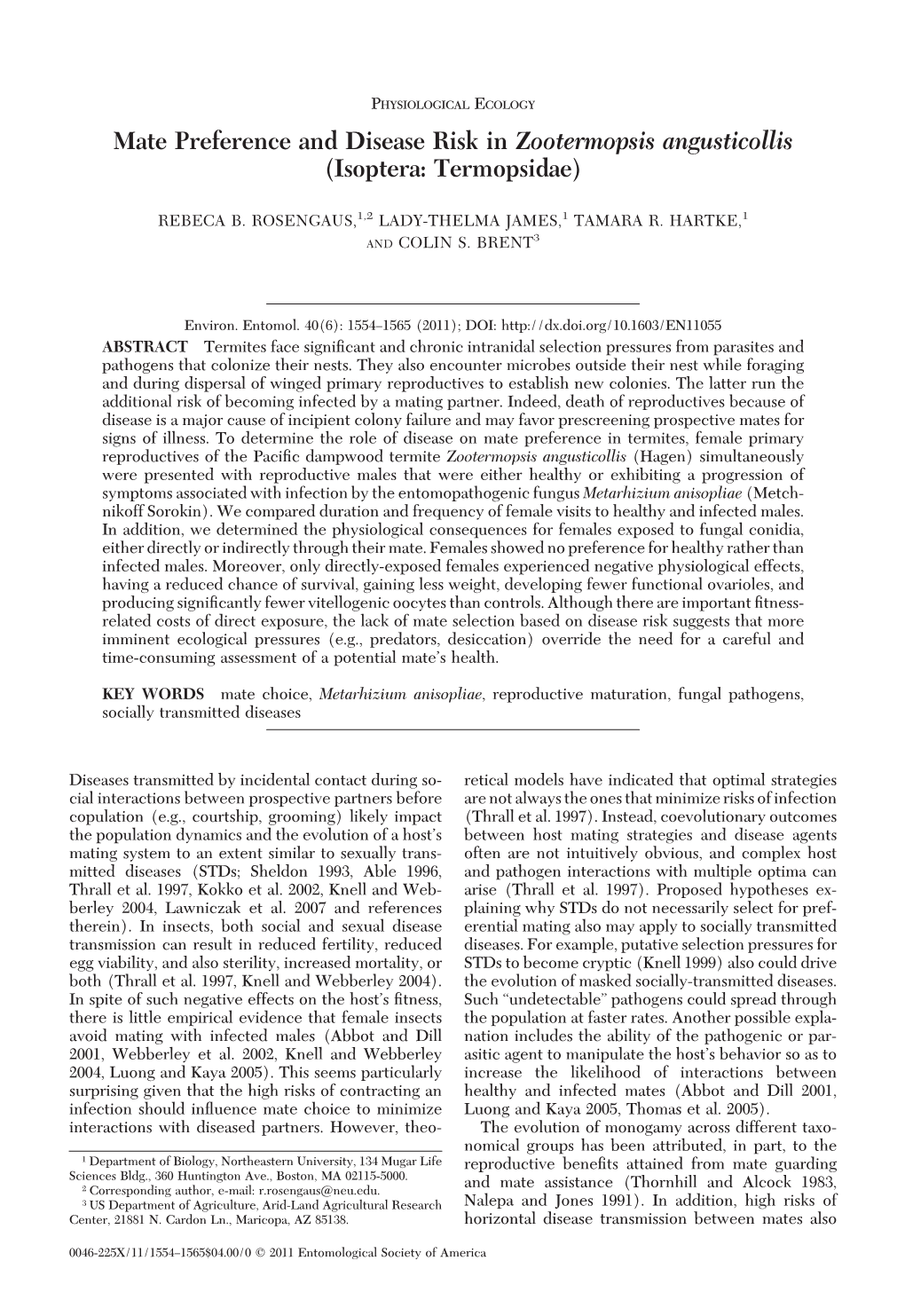 Mate Preference and Disease Risk in Zootermopsis Angusticollis (Isoptera: Termopsidae)