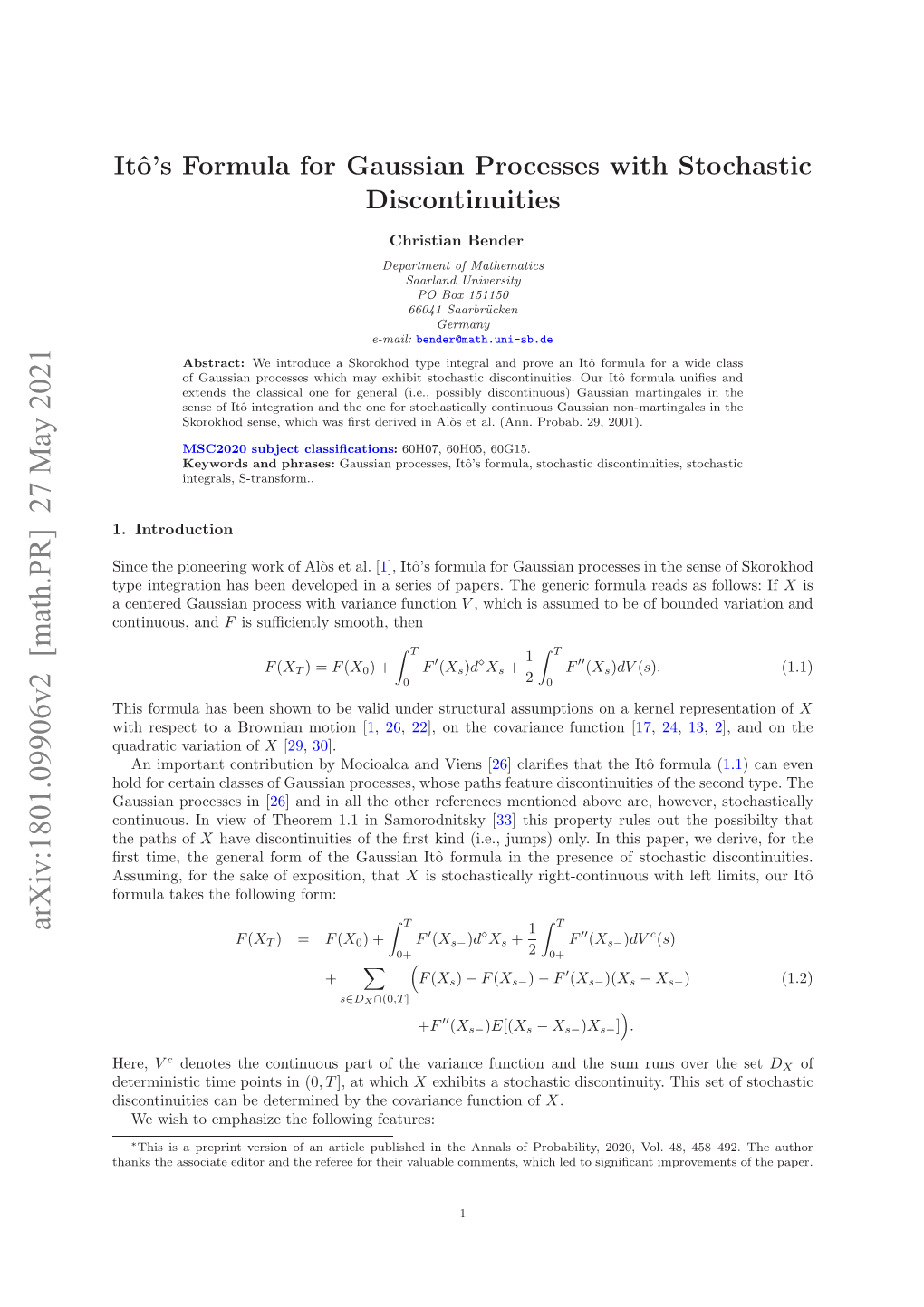 Itô's Formula for Gaussian Processes with Stochastic Discontinuities