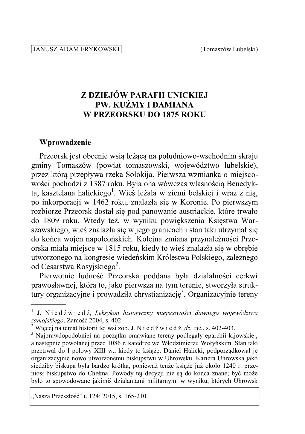 Z Dziejów Parafii Unickiej Pw. Kuźmy I Damiana W Przeorsku Do 1875 Roku