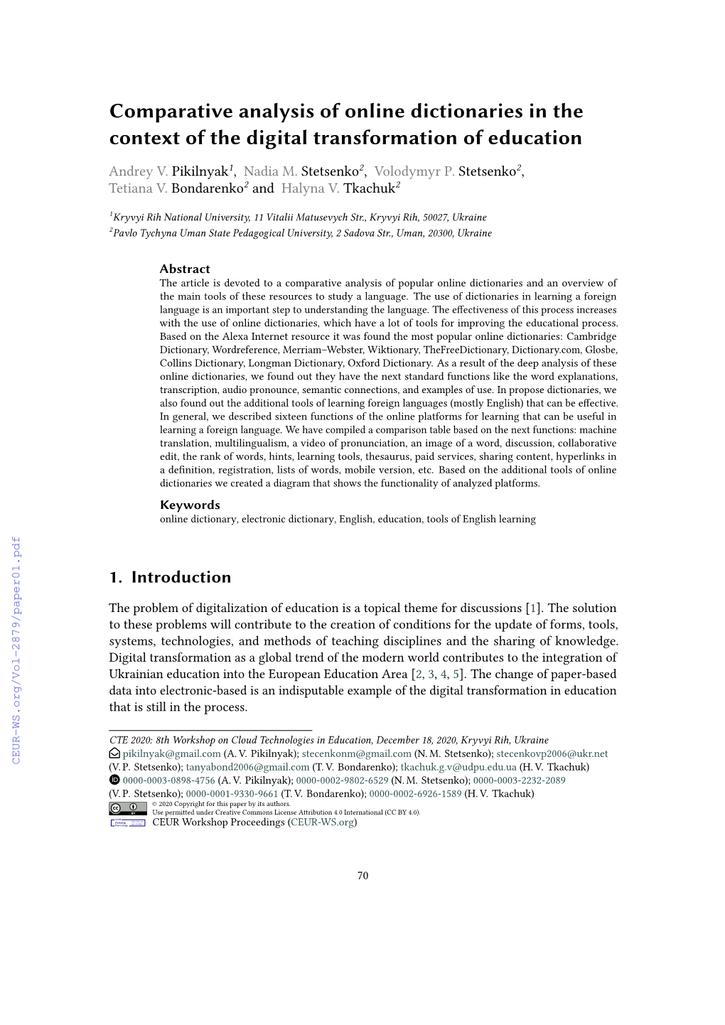 Comparative Analysis of Online Dictionaries in the Context of the Digital Transformation of Education