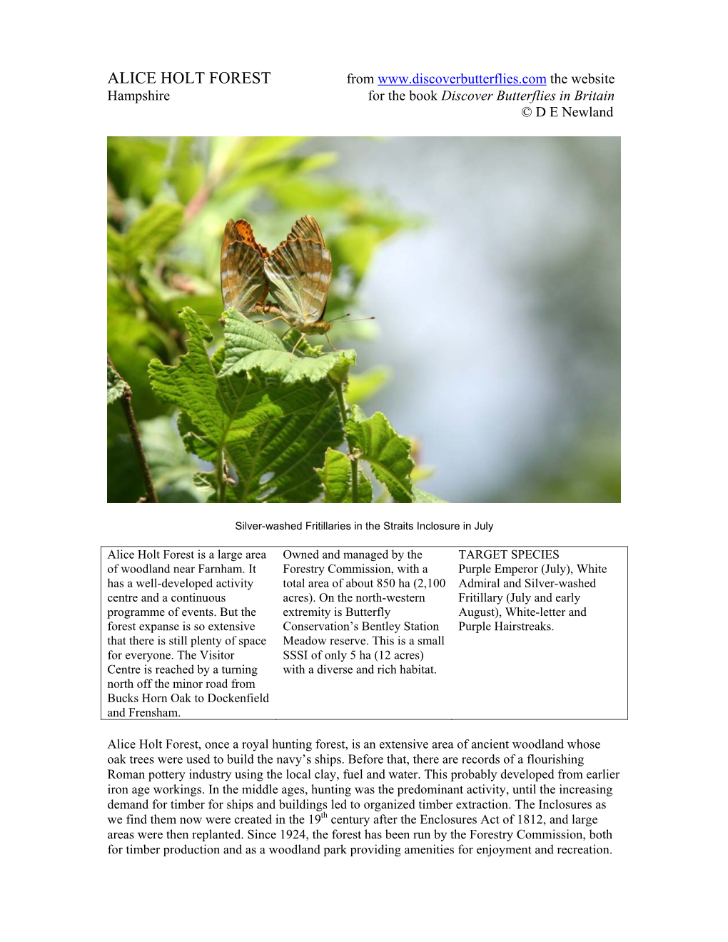 ALICE HOLT FOREST from the Website Hampshire for the Book Discover Butterflies in Britain © D E Newland