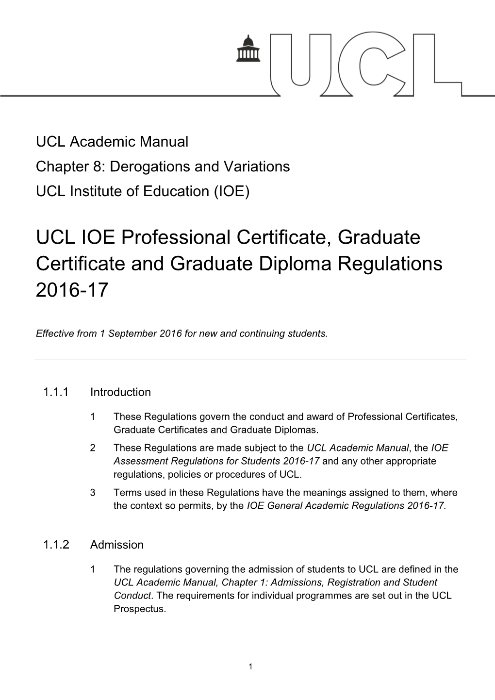 UCL IOE Graduate Diploma Regulations 2016-17