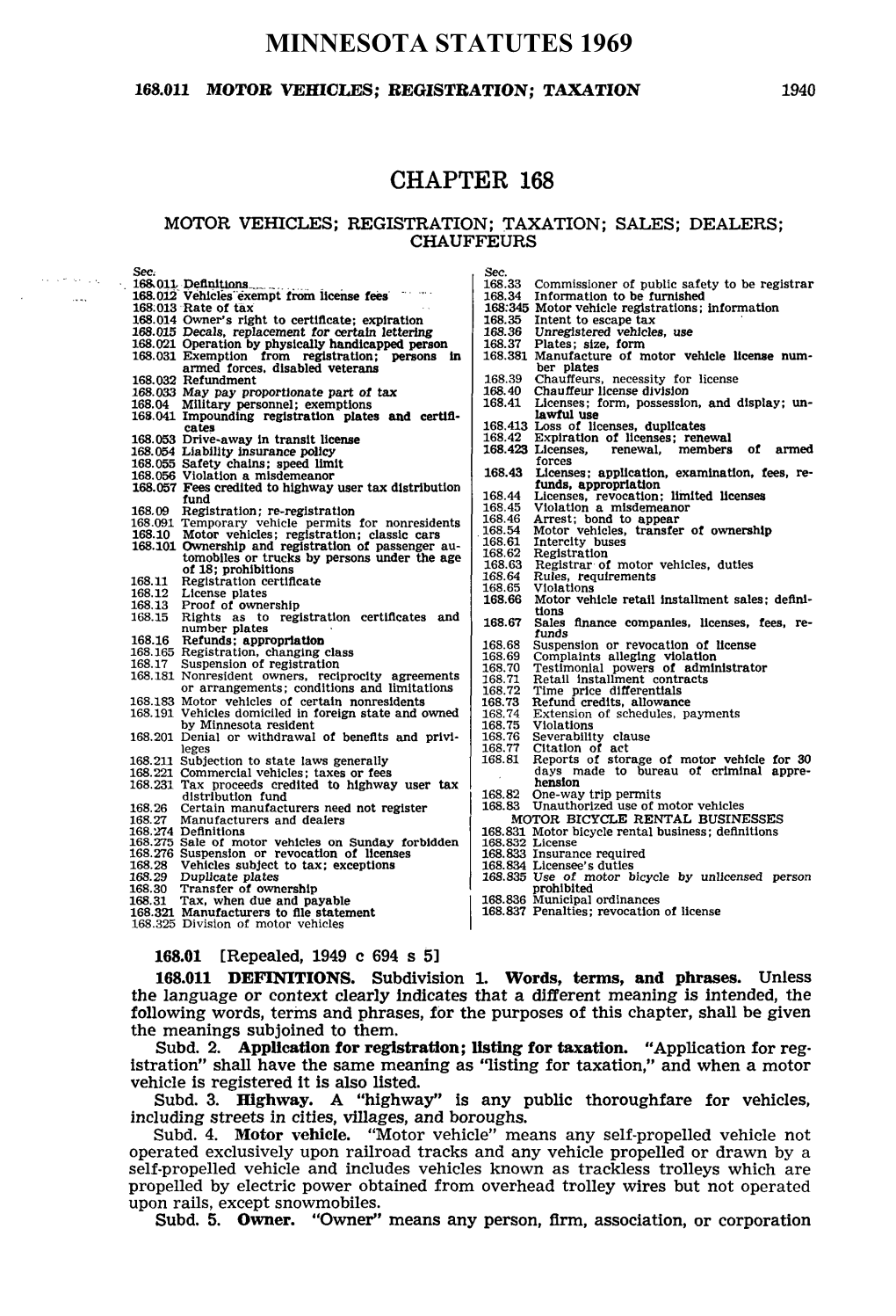 Chapter 168 Minnesota Statutes 1969