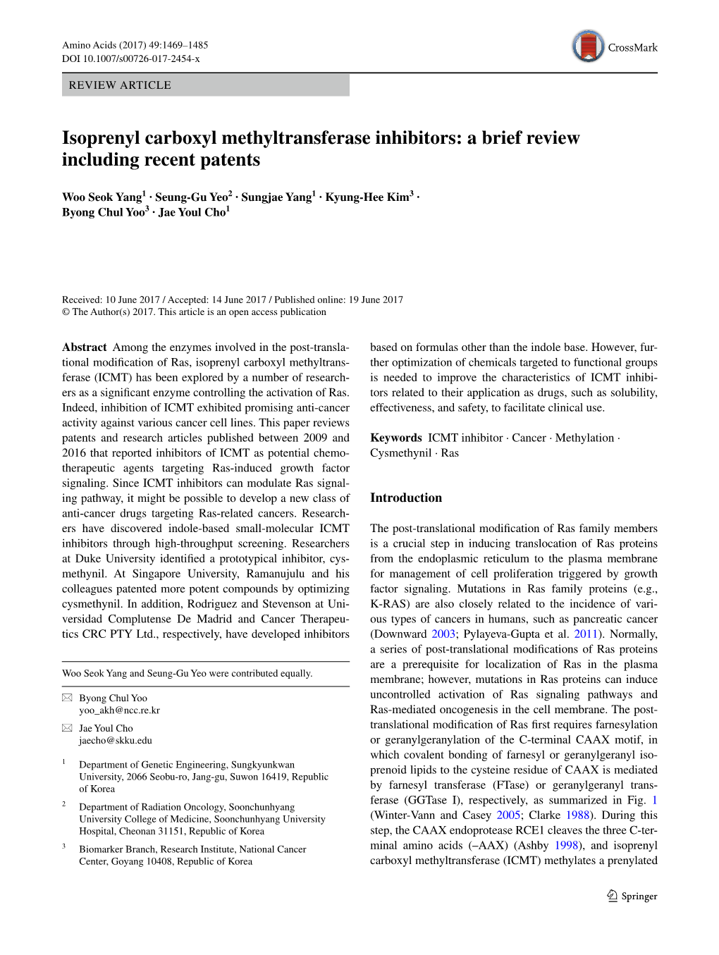 Isoprenyl Carboxyl Methyltransferase Inhibitors: a Brief Review Including Recent Patents