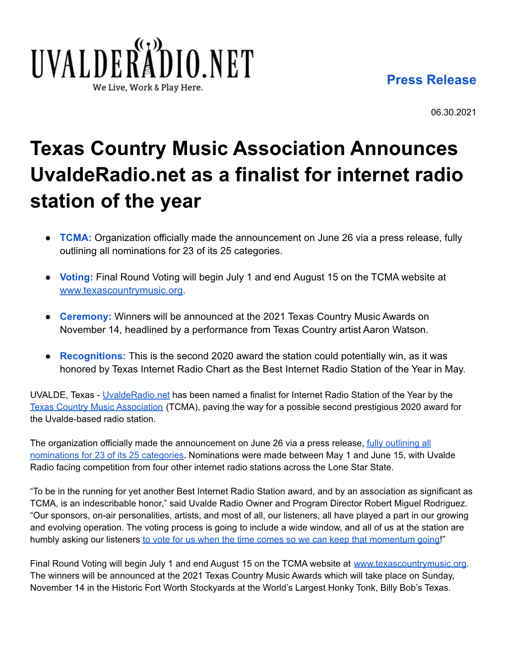 Texas Country Music Association Announces Uvalderadio.Net As a Finalist for Internet Radio Station of the Year