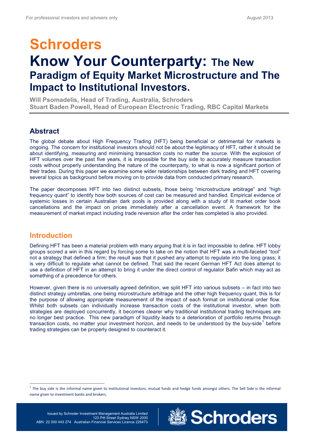 Schroders Know Your Counterparty: the New Paradigm of Equity Market Microstructure and the Impact to Institutional Investors