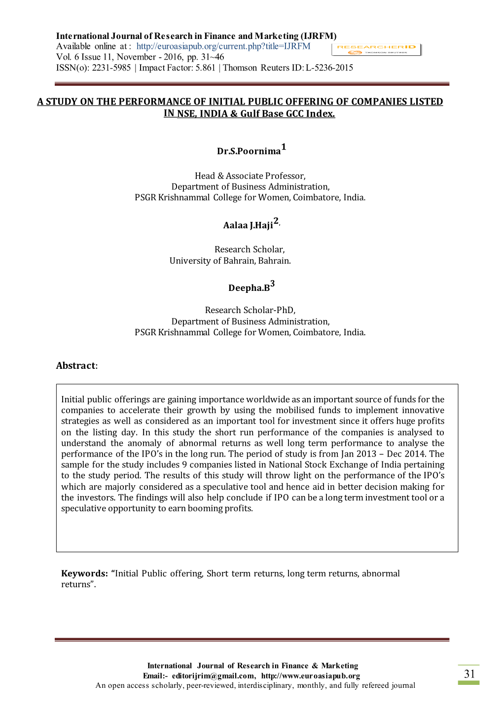 A STUDY on the PERFORMANCE of INITIAL PUBLIC OFFERING of COMPANIES LISTED in NSE, INDIA & Gulf Base GCC Index