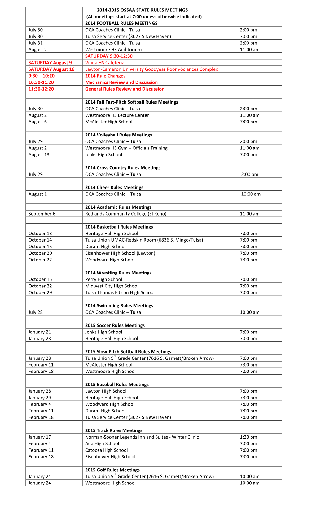 2014-2015 OSSAA STATE RULES MEETINGS (All Meetings Start At