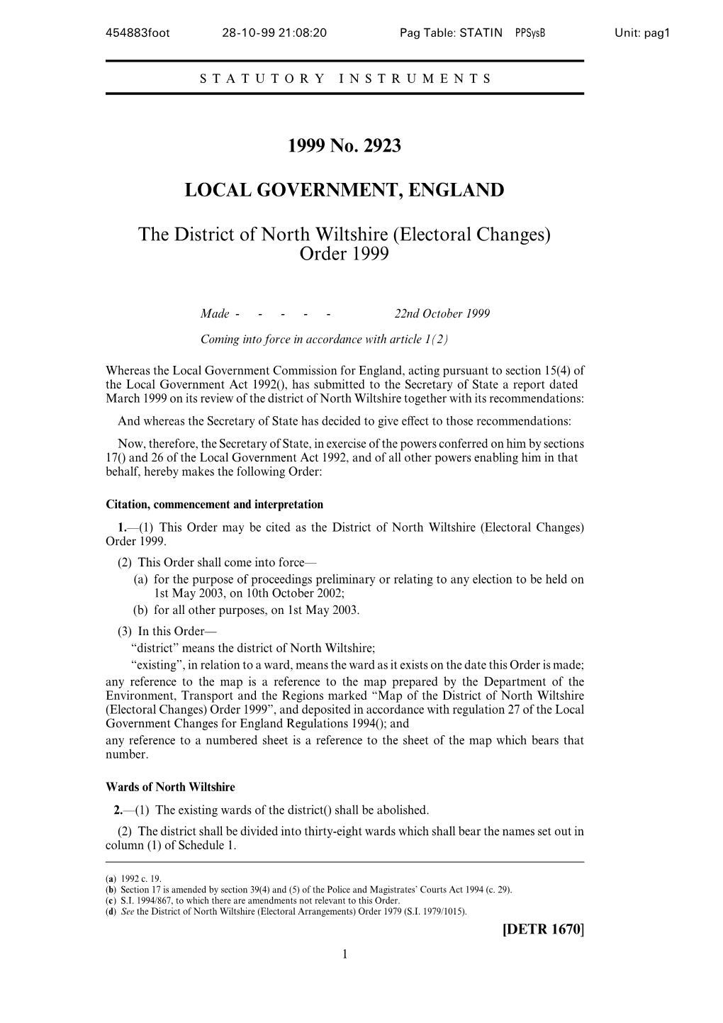 Electoral Changes) Order 1999