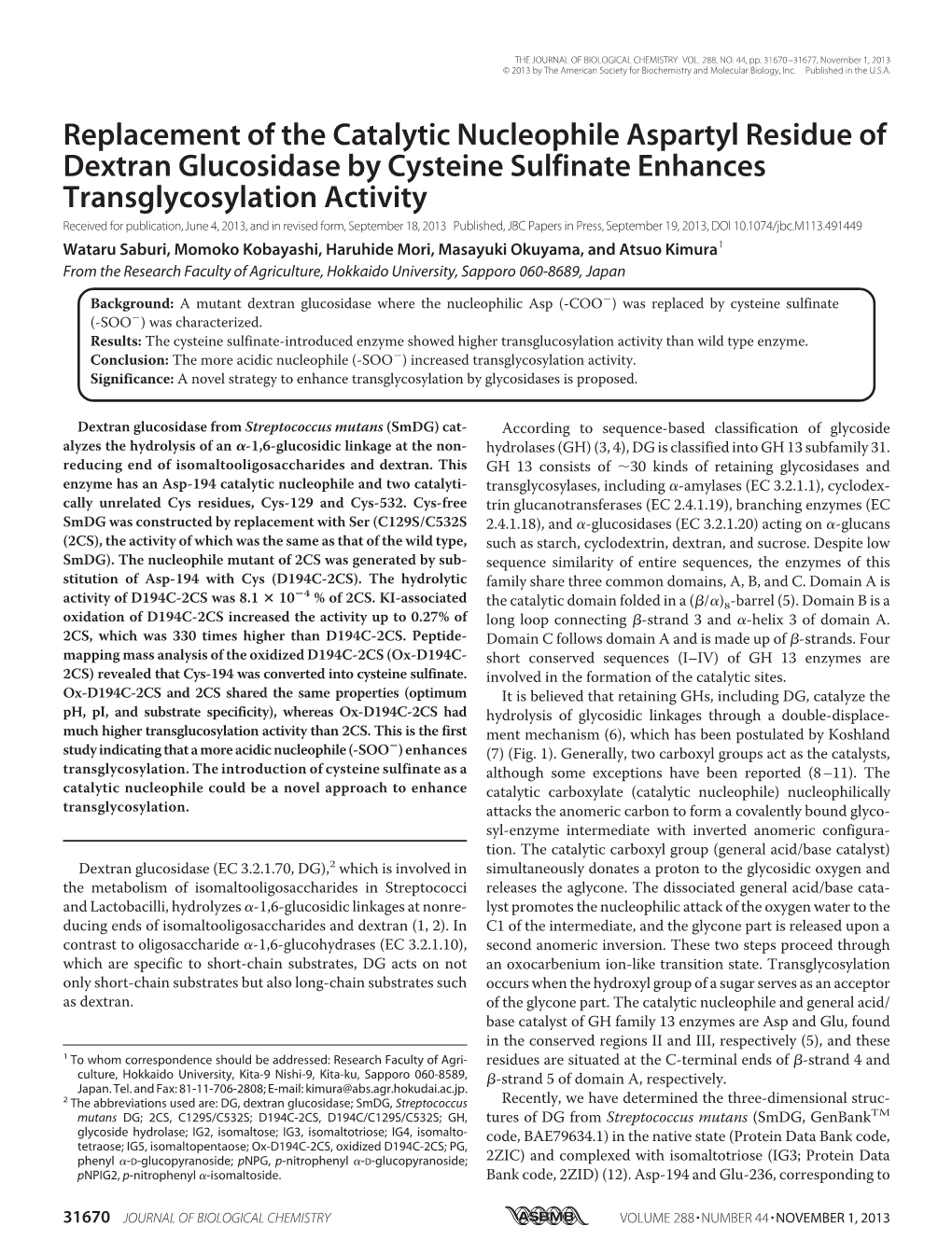 Replacement of the Catalytic Nucleophile Aspartyl Residue of Dextran Glucosidase by Cysteine Sulfinate Enhances Transglycosylati
