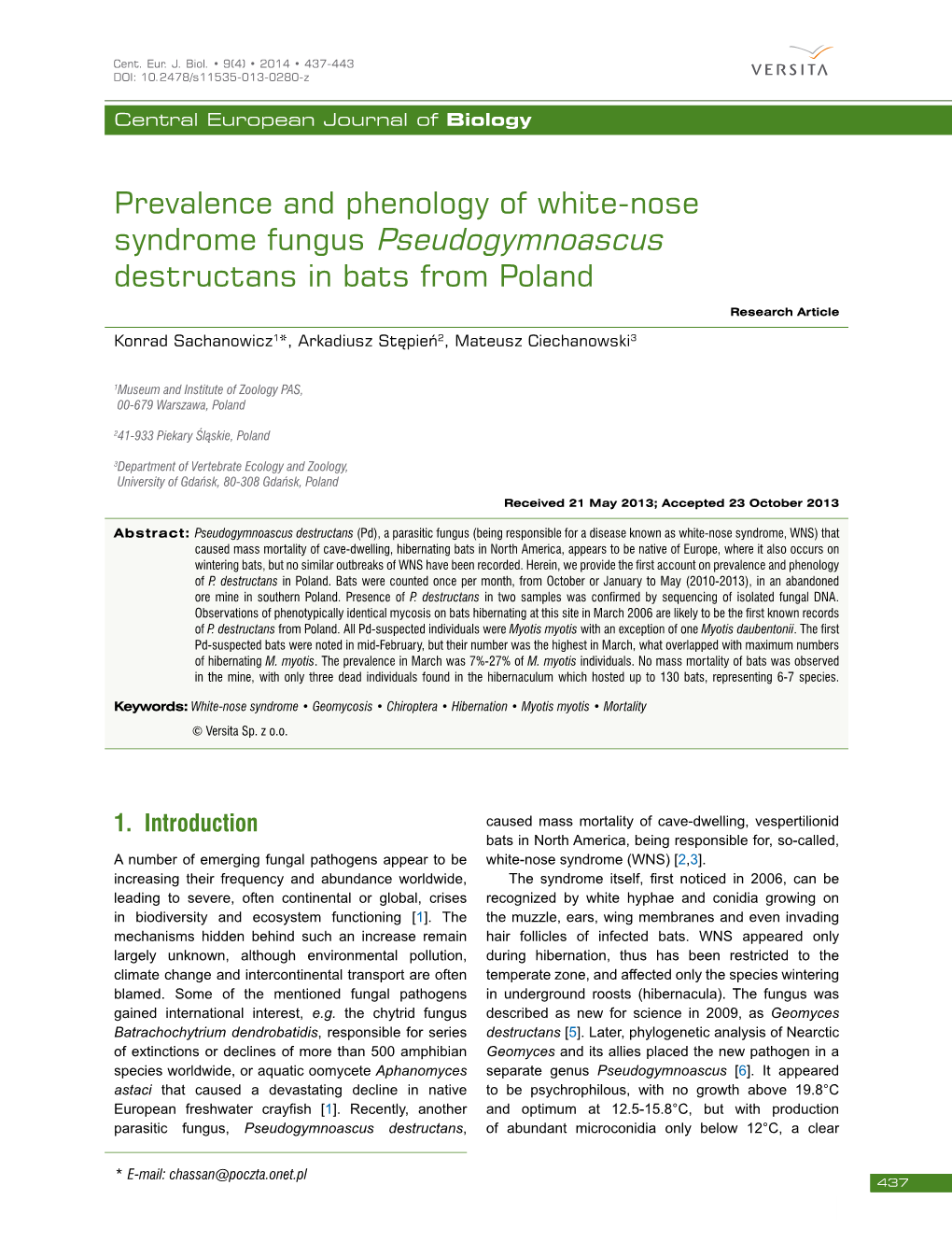 Prevalence and Phenology of White-Nose Syndrome Fungus Pseudogymnoascus Destructans in Bats from Poland