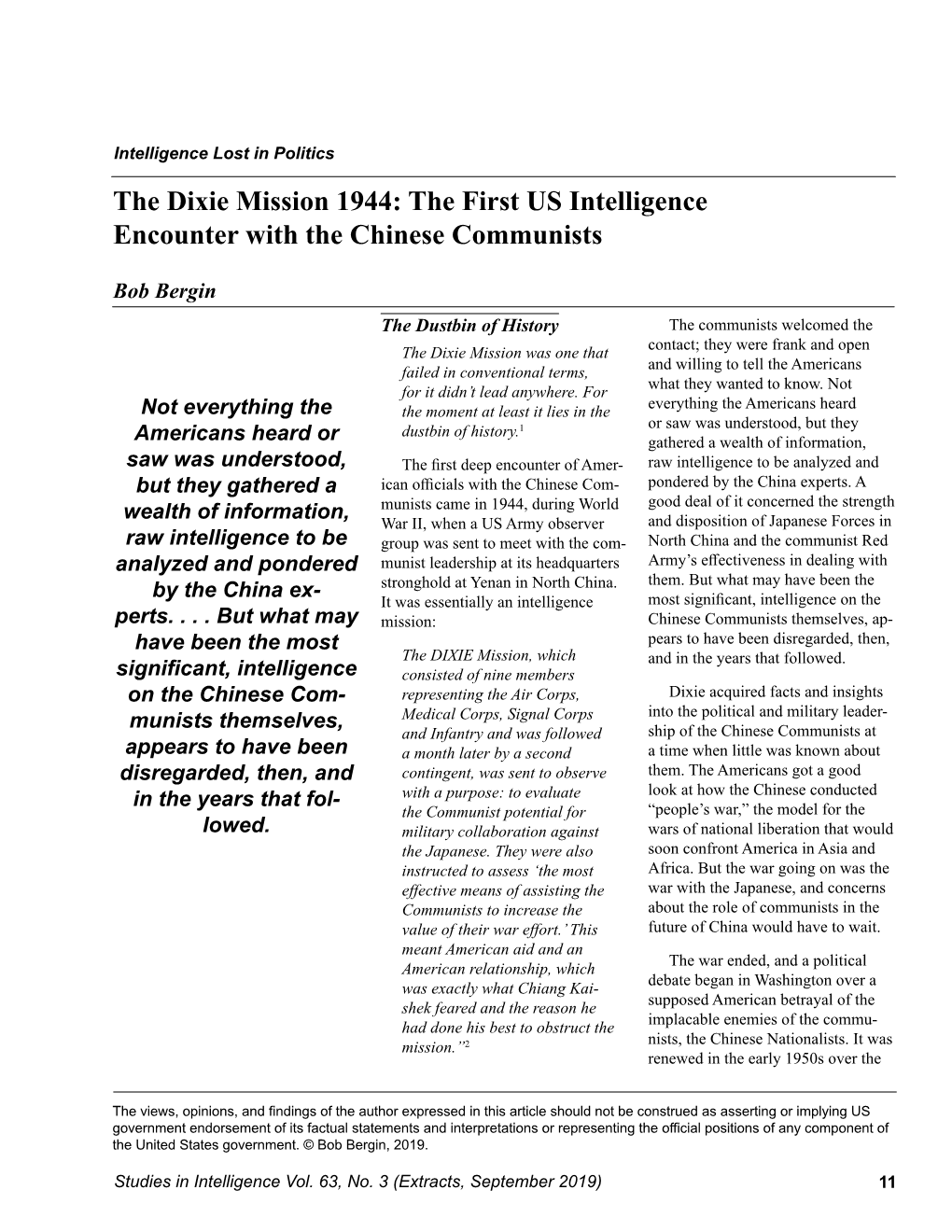 Dixie Mission 1944: the First US Intelligence Encounter with the Chinese Communists