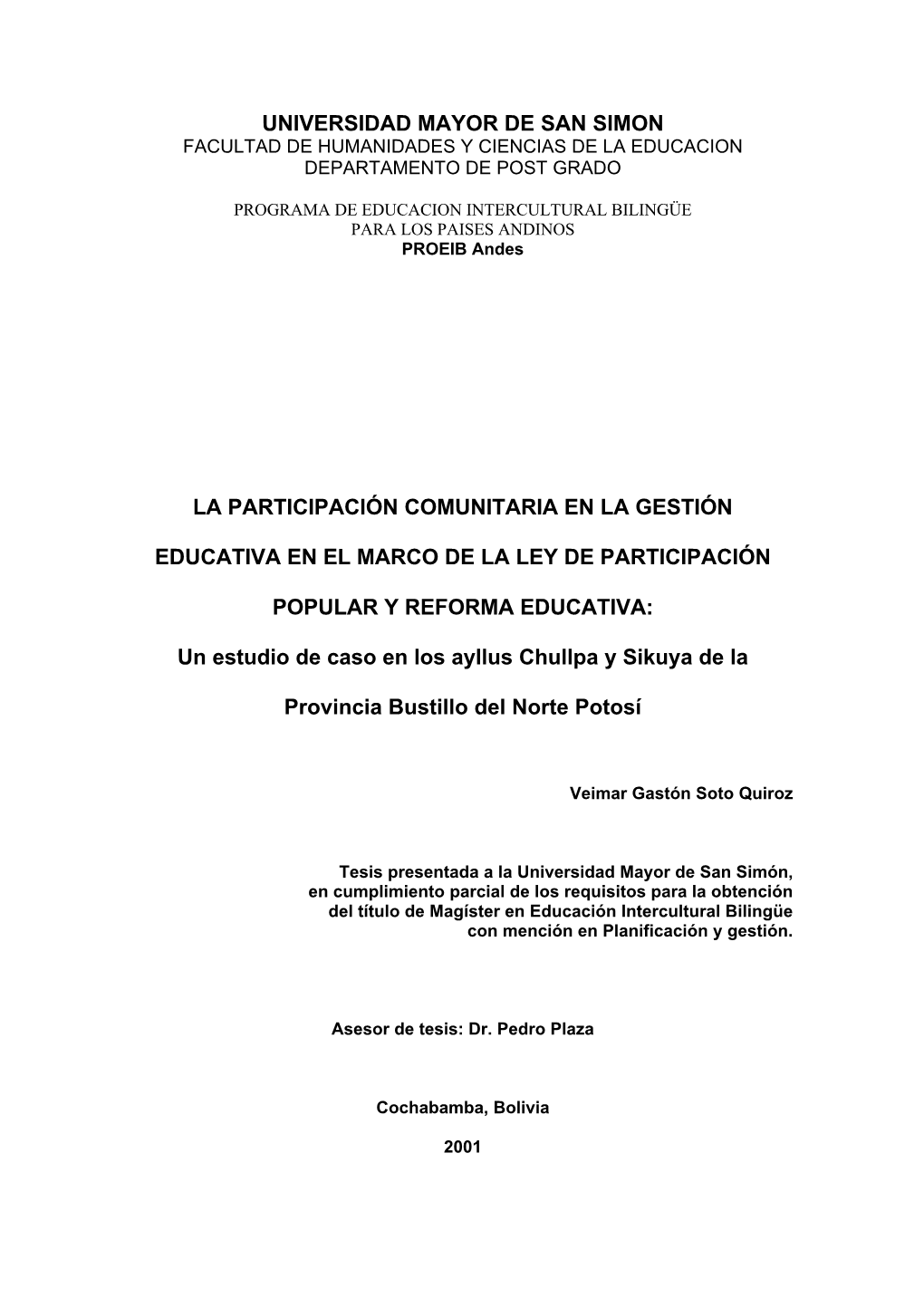 Universidad Mayor De San Simon La Participación Comunitaria En La Gestión Educativa En El Marco De La Ley De Participación Po