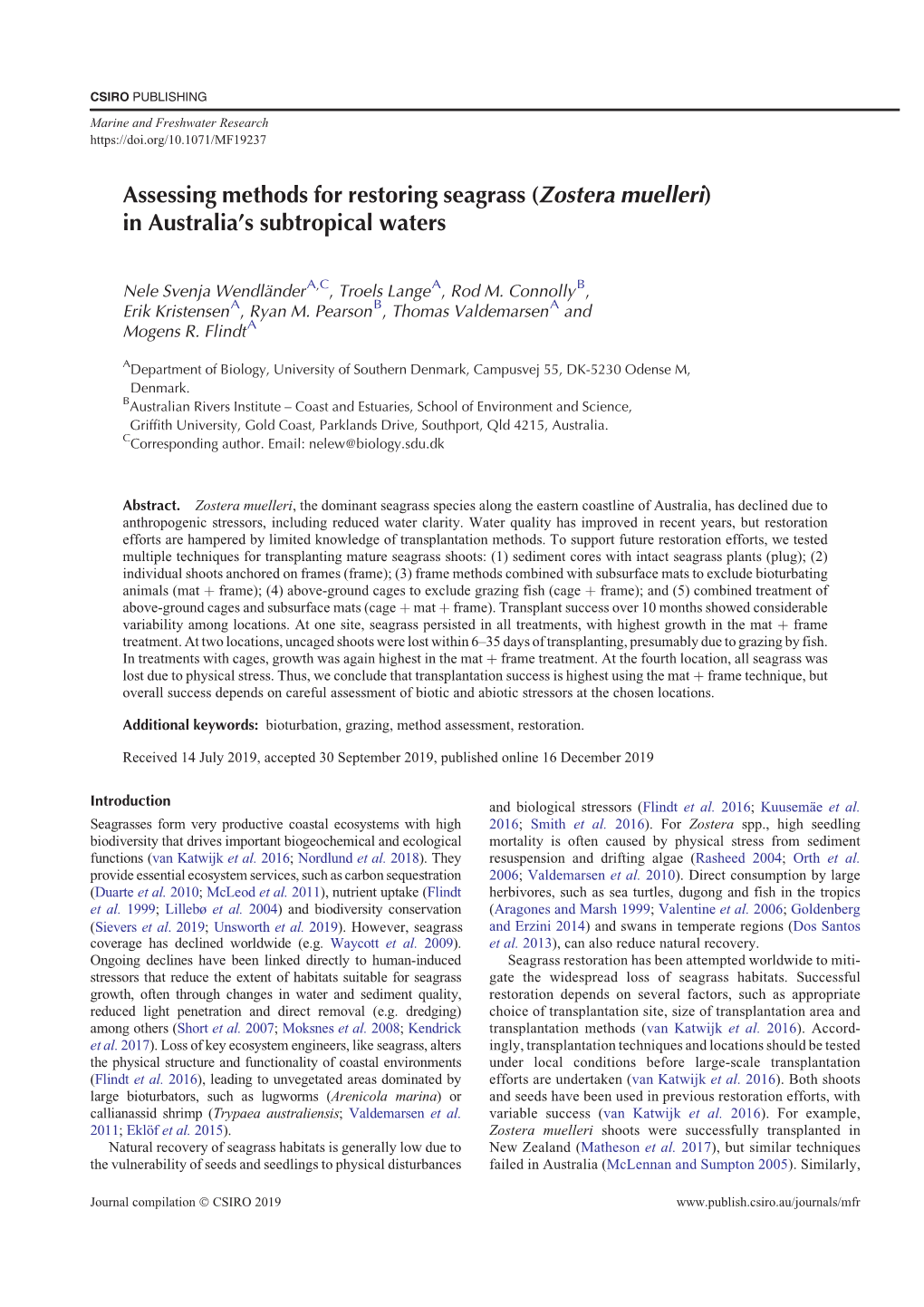 Zostera Muelleri) in Australia’S Subtropical Waters