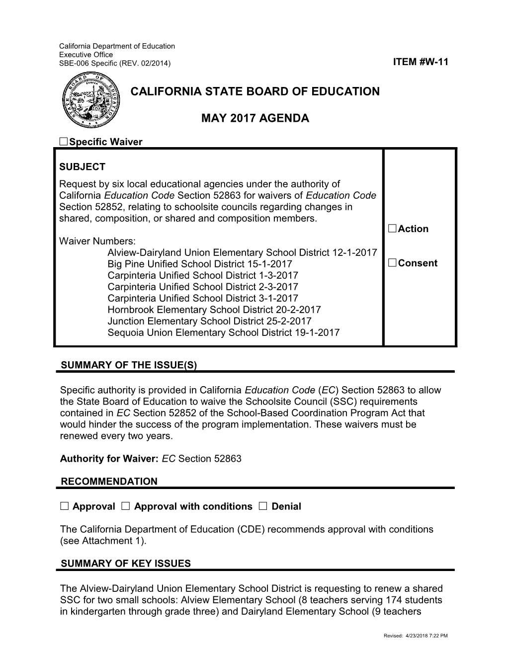 May 2017 Agenda Item W-11 - Meeting Agendas (CA State Board of Education)