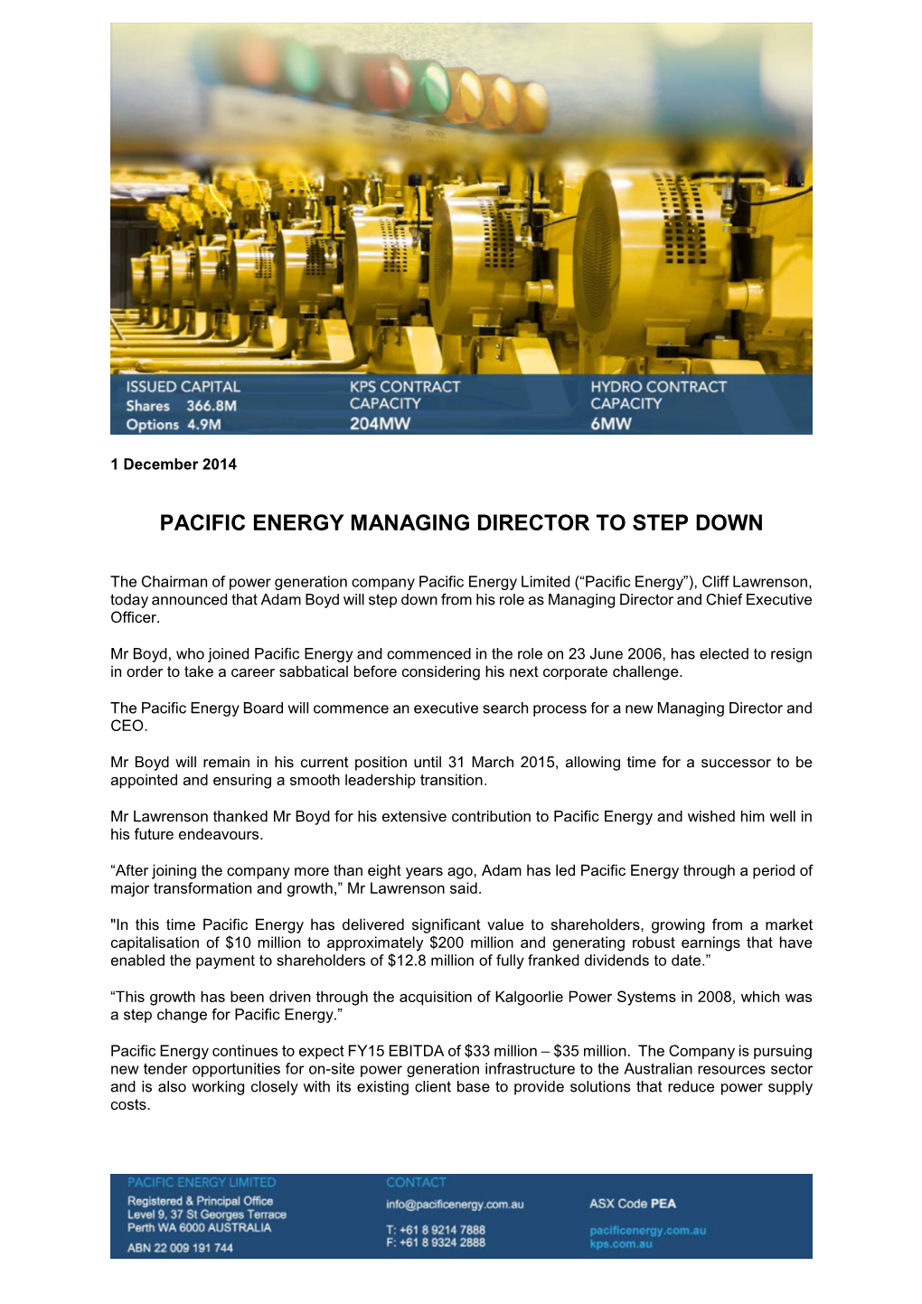 Pacific Energy Managing Director to Step Down