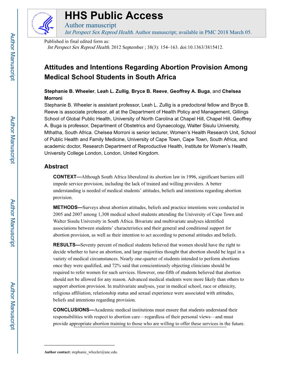 Attitudes and Intentions Regarding Abortion Provision Among Medical School Students in South Africa