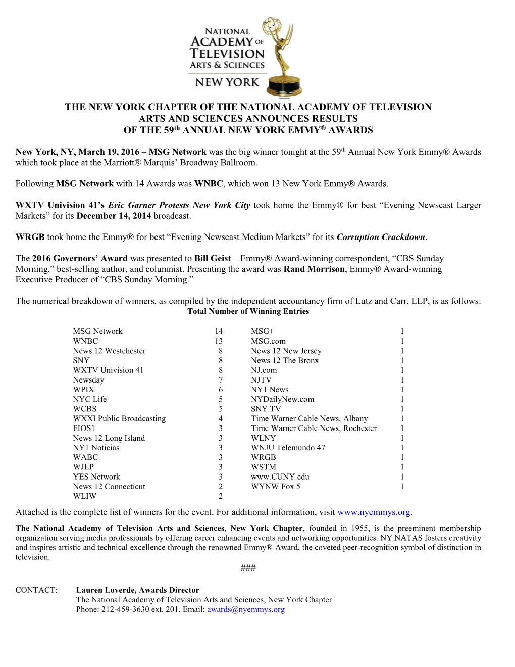 The 54Th Annual New York Emmy® Award Nominations