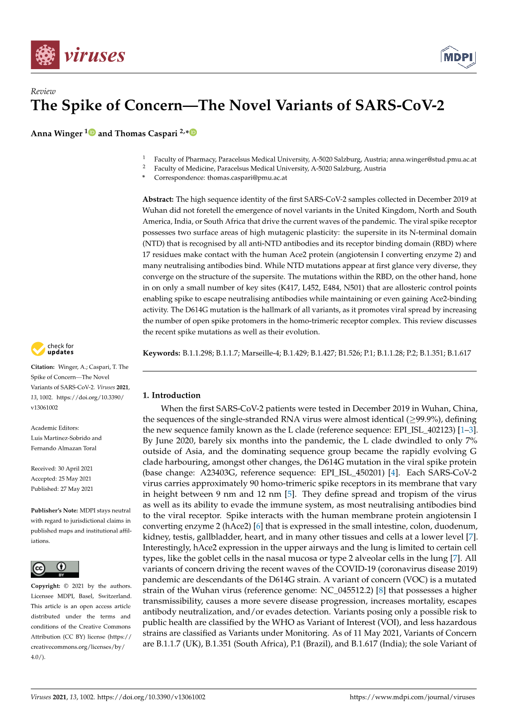 The Spike of Concern—The Novel Variants of SARS-Cov-2