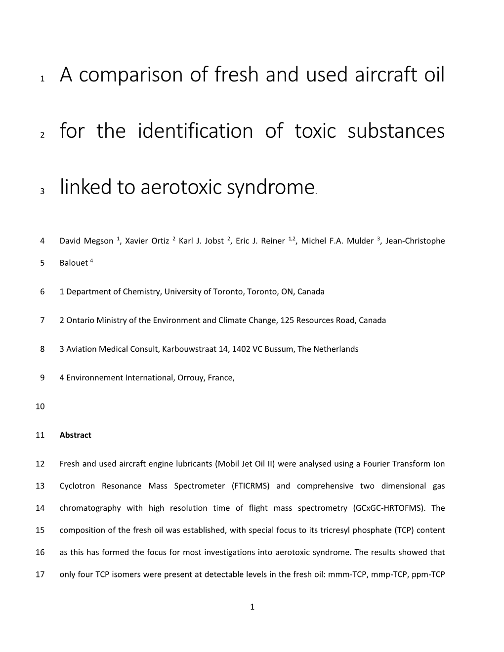 A Comparison of Fresh and Used Aircraft Oil for the Identification of Toxic Substances Linked to Aerotoxic Syndrome