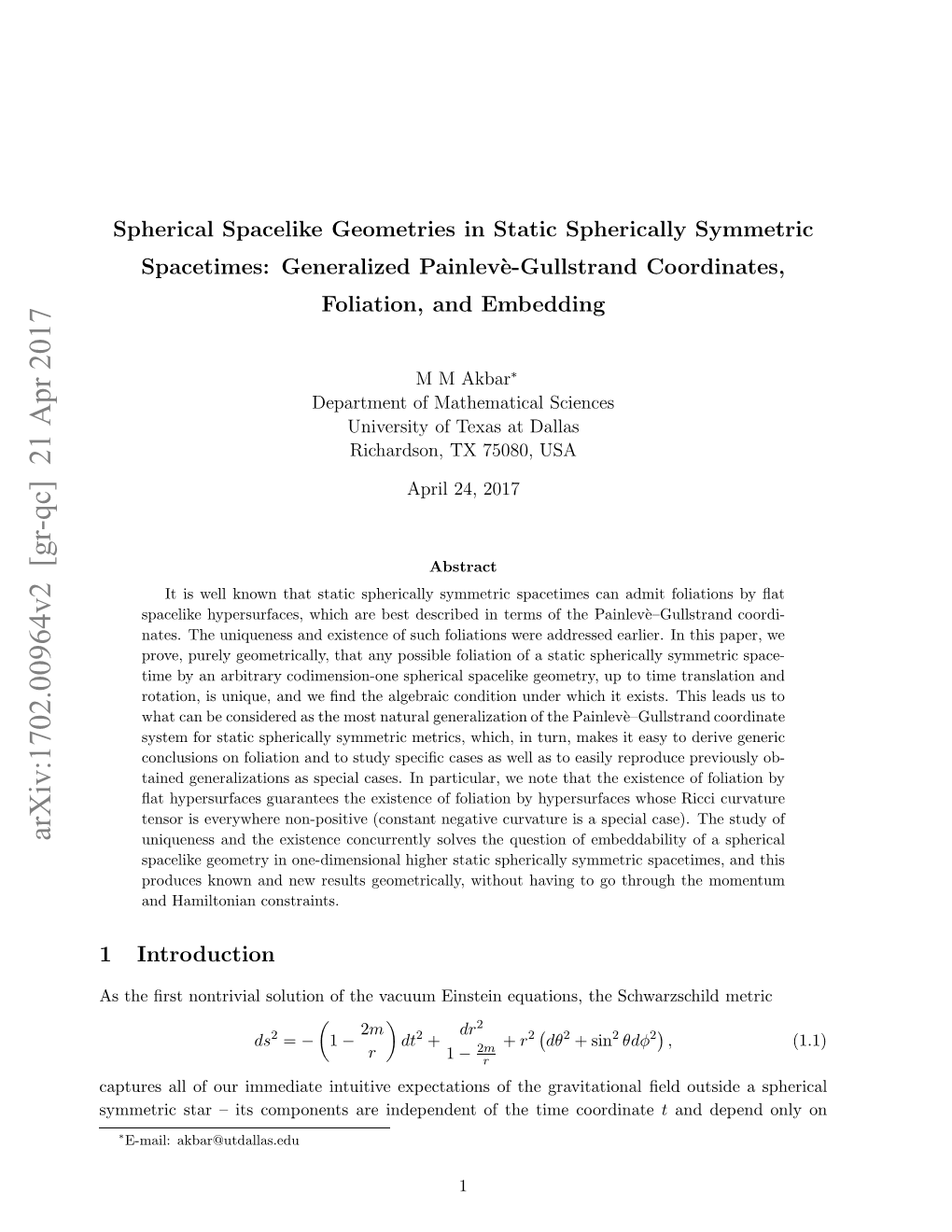 Spherical Spacelike Geometries in Static Spherically Symmetric