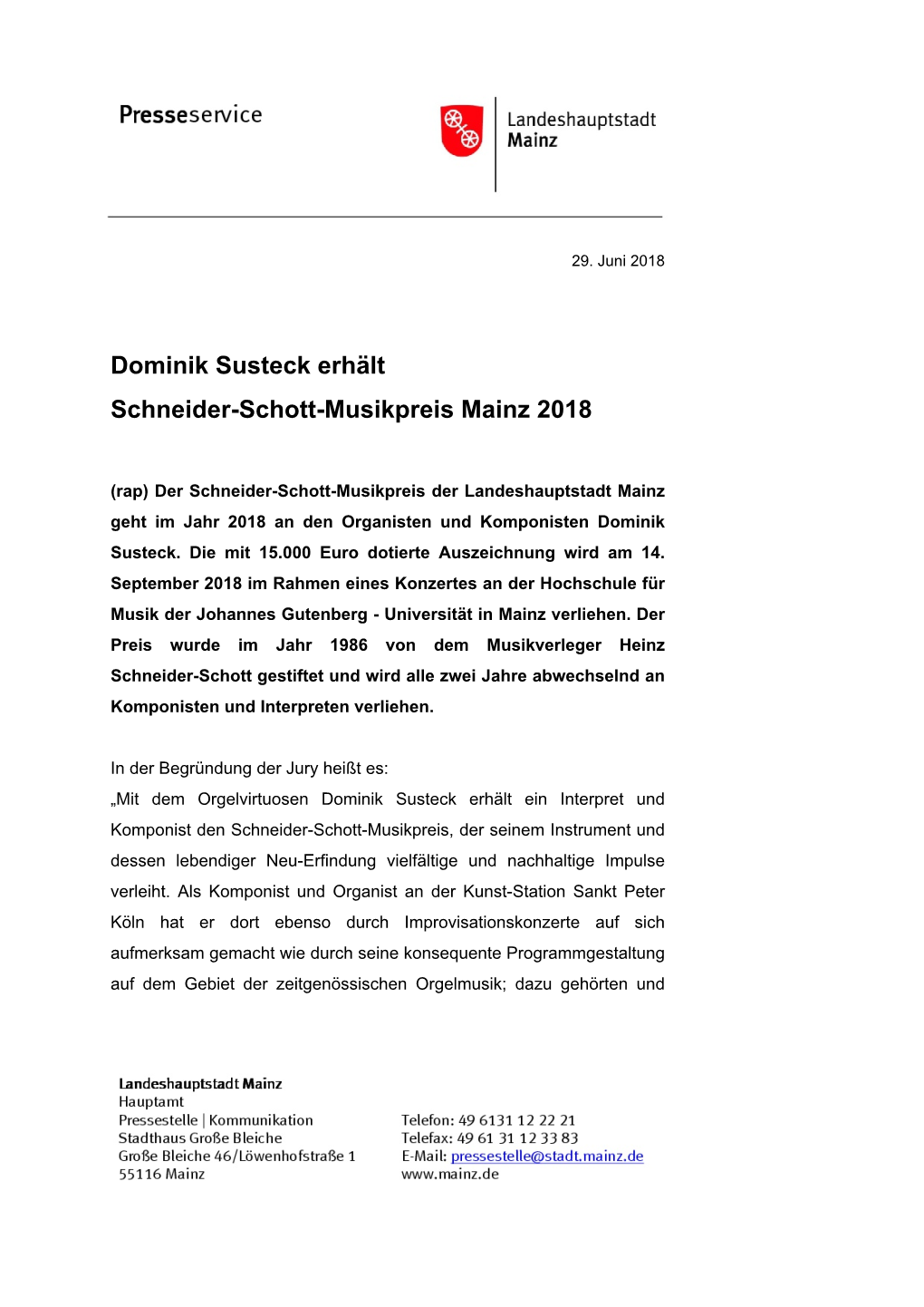 Dominik Susteck Erhält Schneider-Schott-Musikpreis Mainz 2018