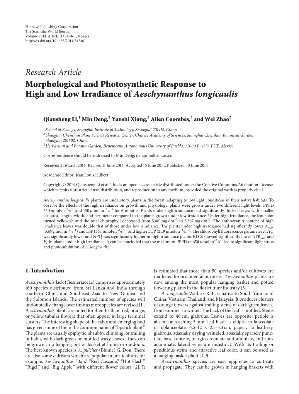 Morphological and Photosynthetic Response to High and Low Irradiance of Aeschynanthus Longicaulis