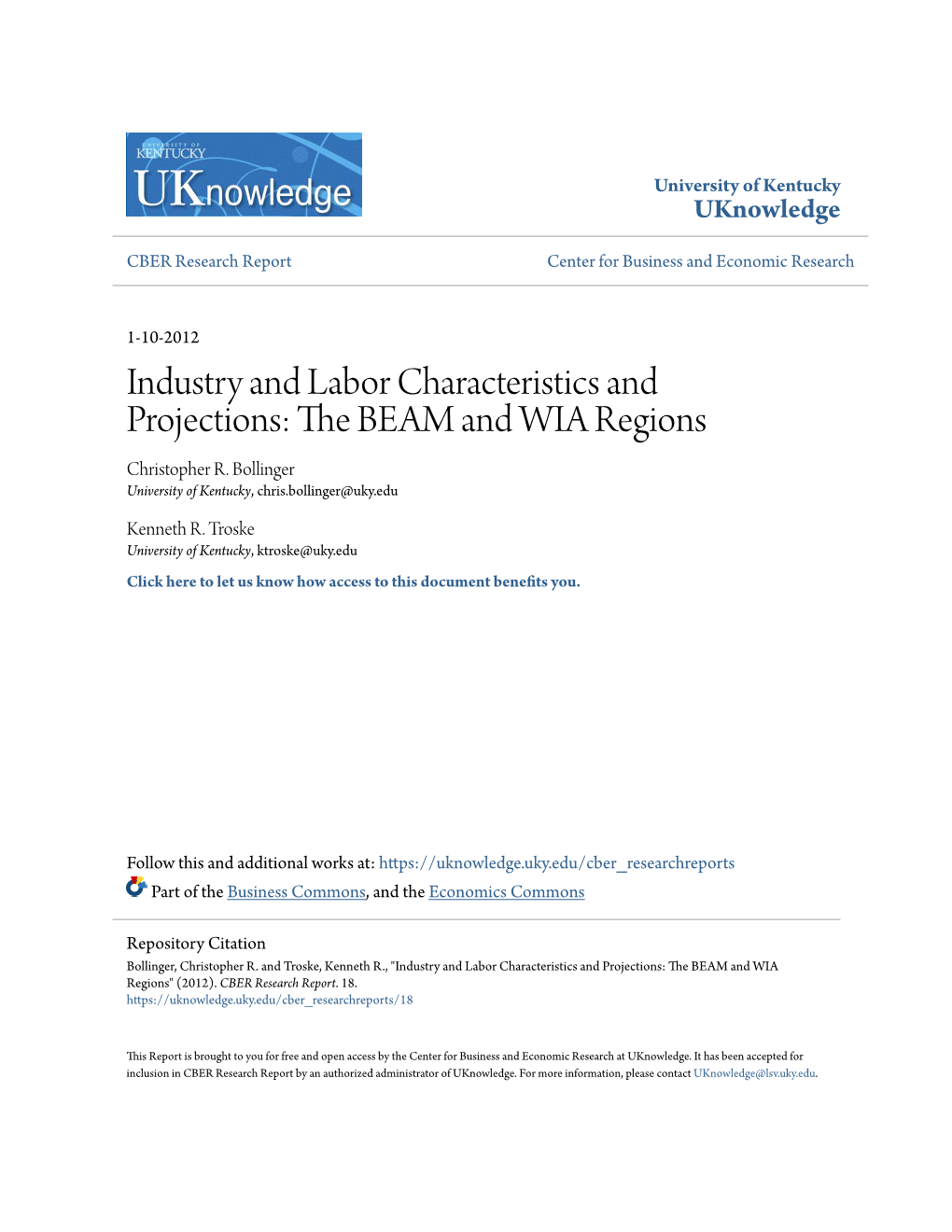 Industry and Labor Characteristics and Projections: the BEAM and WIA Regions Christopher R