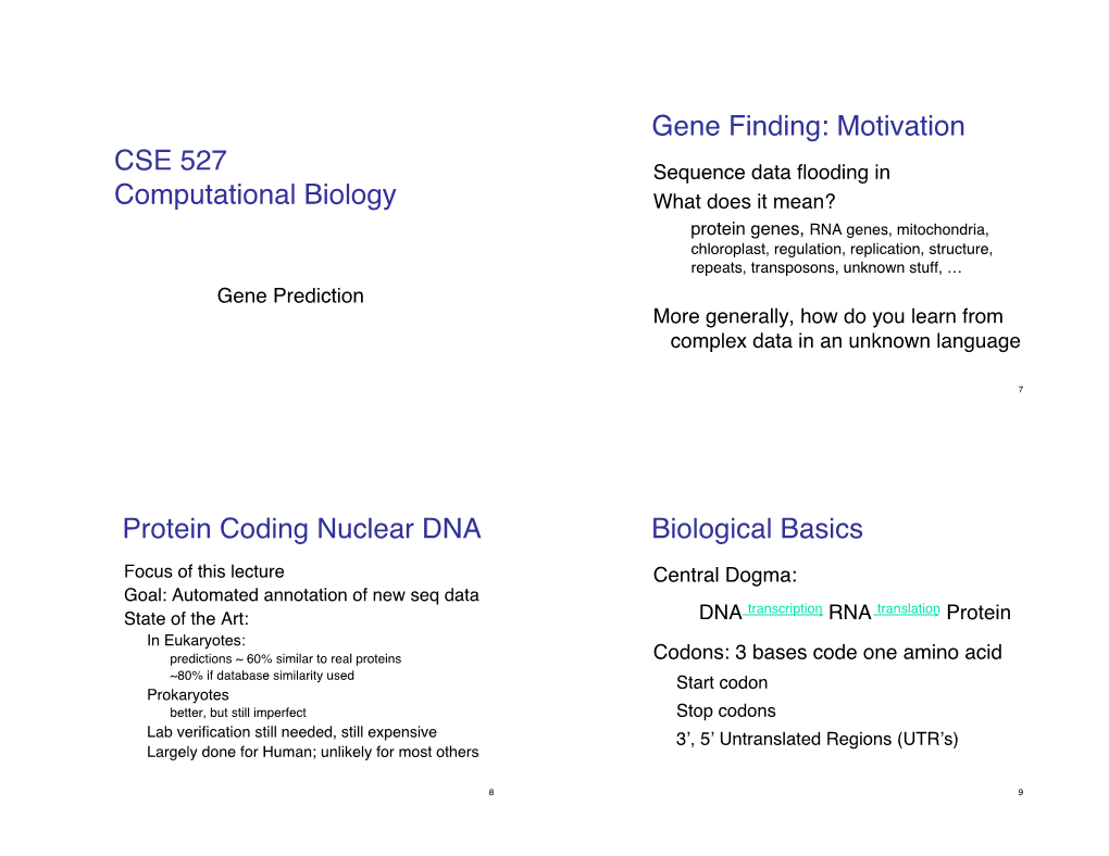 CSE 527 Computational Biology Gene Finding: Motivation Protein Coding