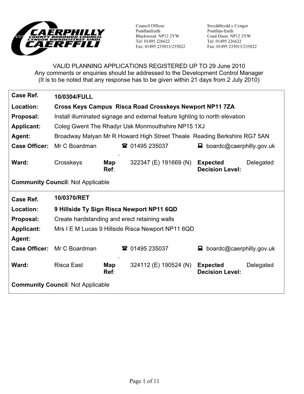 Page 1 of 11 VALID PLANNING APPLICATIONS REGISTERED UP