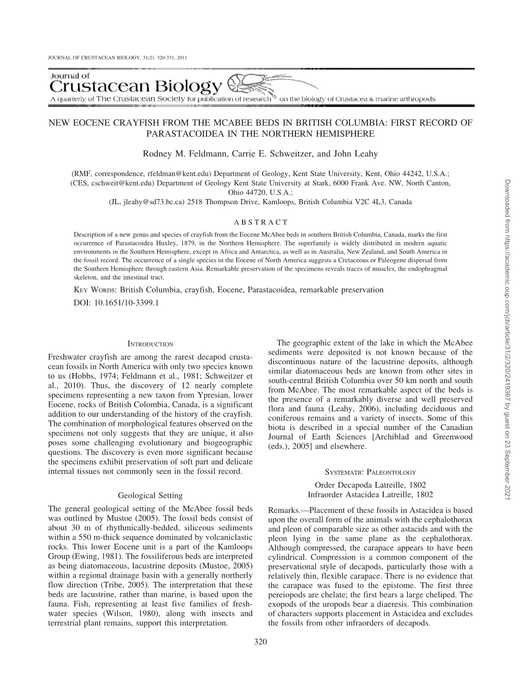 New Eocene Crayfish from the Mcabee Beds in British Columbia: First Record of Parastacoidea in the Northern Hemisphere