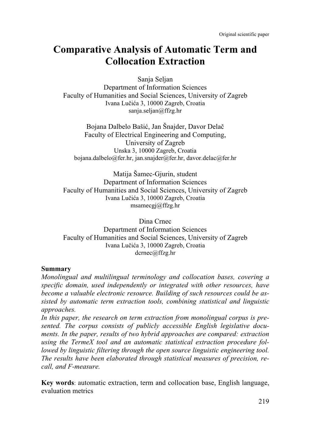 Comparative Analysis of Automatic Term and Collocation Extraction