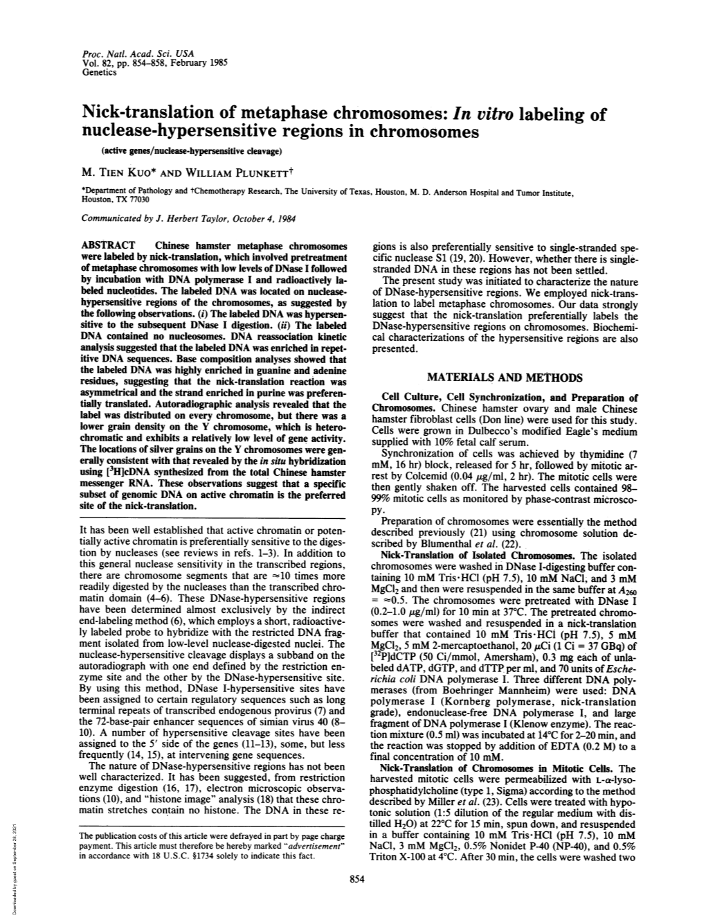 Nuclease-Hypersensitive Regions in Chromosomes (Active Genes/Nuclease-Hypersensitive!Cleavage) M